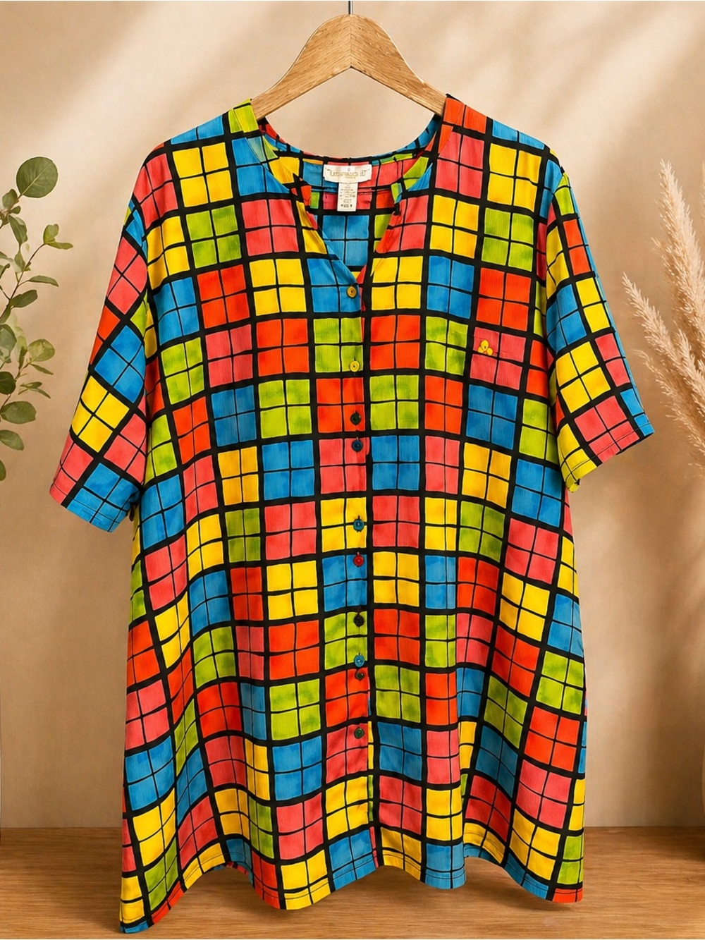 Christie & Jill 2X Colorful Grid Print Blouse Bright Multicolor Top